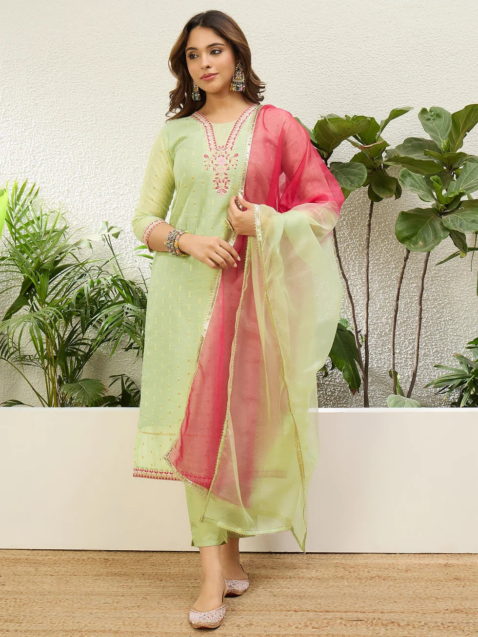 Sharini Women's Pista Green Embroidered Yoke Design Straight Kurta Pant Set with Ombre Dupatta