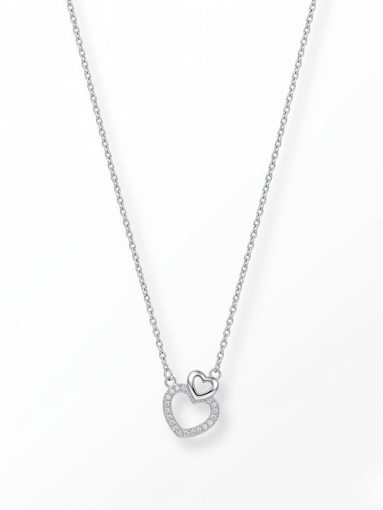 925 Sterling Silver Interlocking Double Heart CZ Pendant Necklace for Women