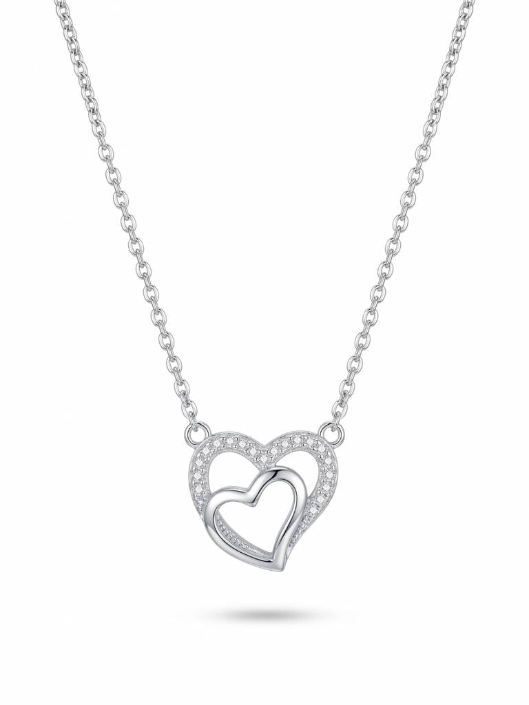 925 Sterling Silver Double Heart CZ Pendant Necklace for Women