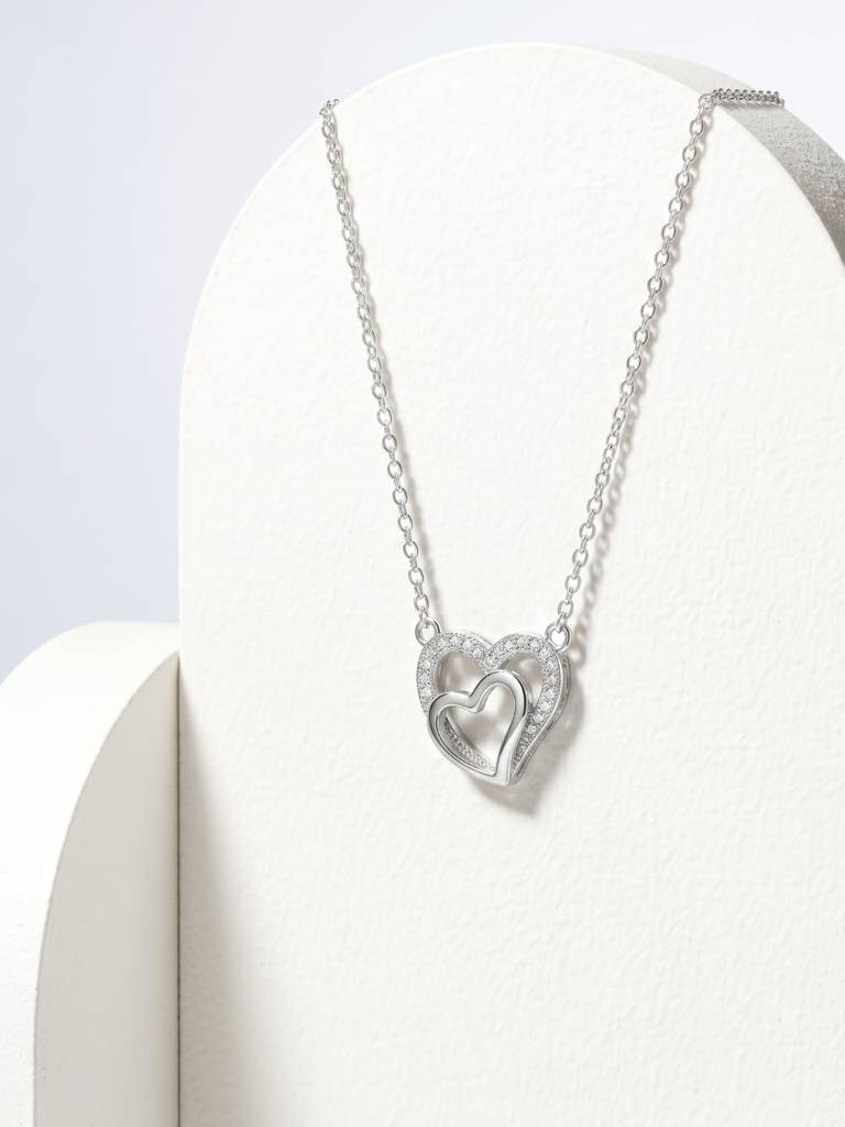 925 Sterling Silver Double Heart CZ Pendant Necklace for Women