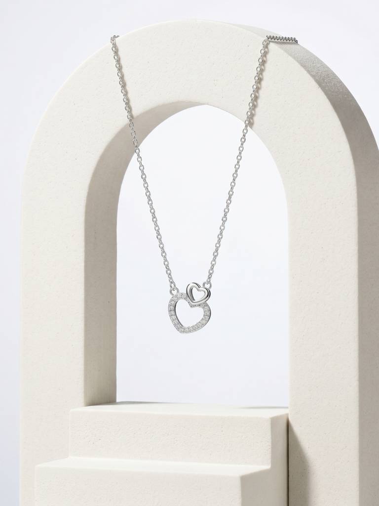 925 Sterling Silver Interlocking Double Heart CZ Pendant Necklace for Women