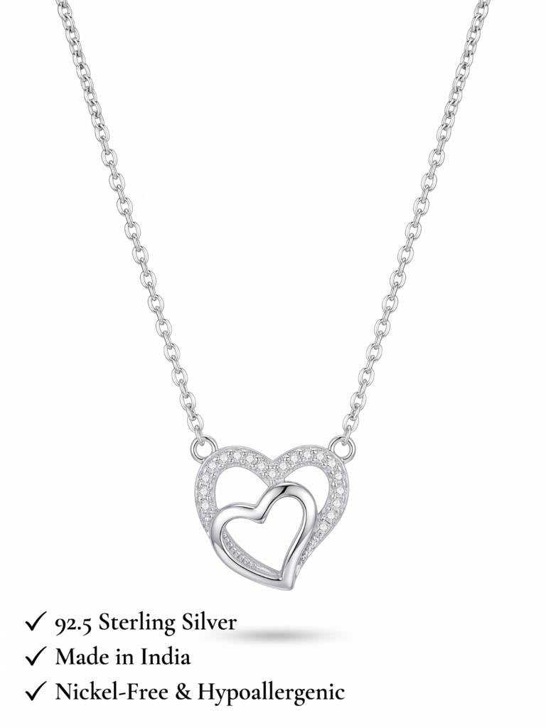 925 Sterling Silver Double Heart CZ Pendant Necklace for Women