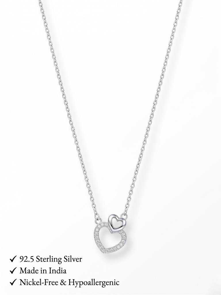925 Sterling Silver Interlocking Double Heart CZ Pendant Necklace for Women