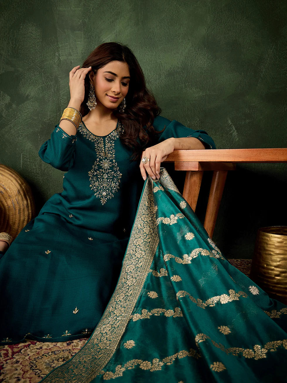 Floral Embroidered Viscose_Rayon Round_Neck Kurta Trouser & Dupatta Set