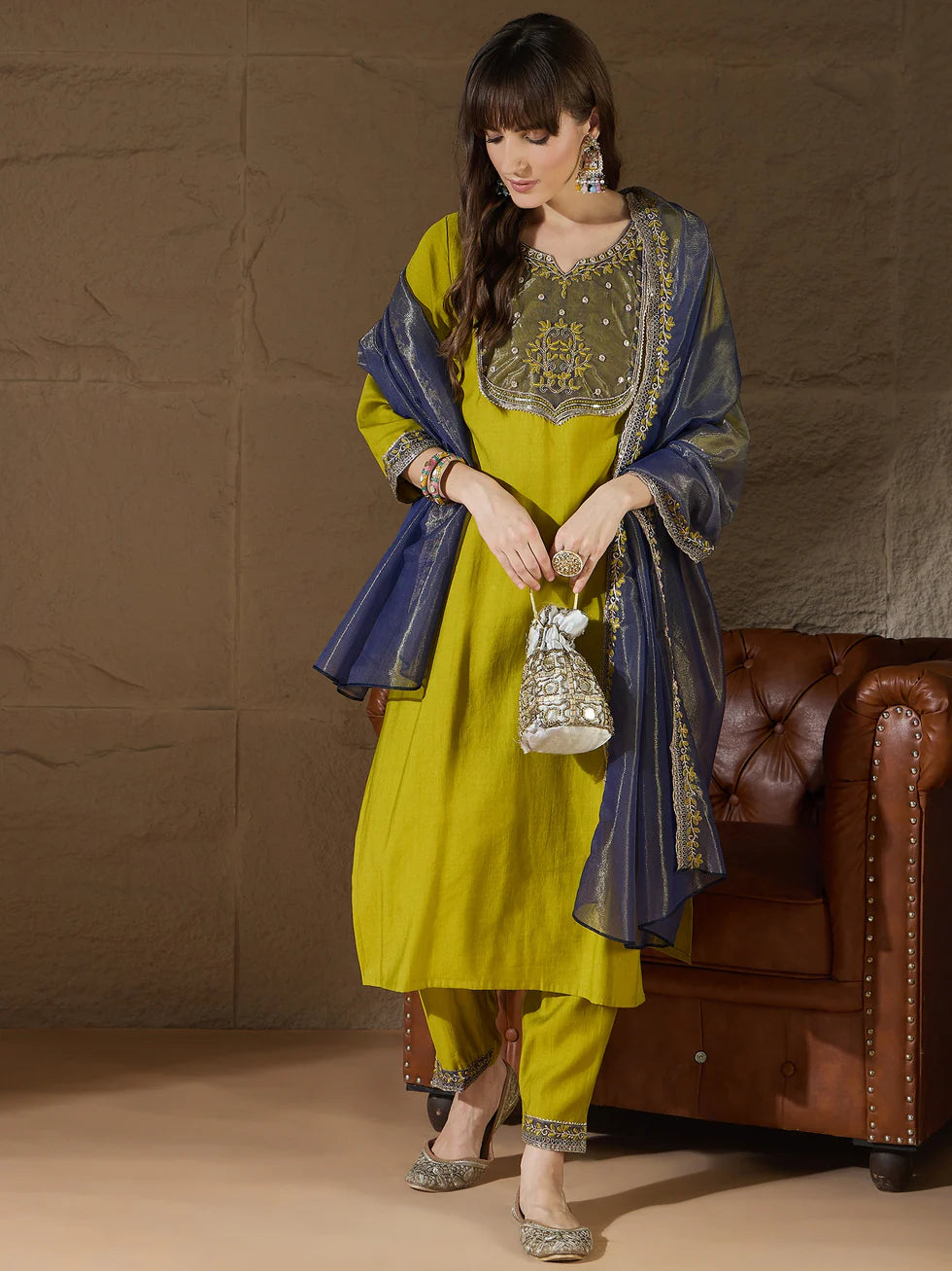 Floral Embroidered Silk V Neck Kurta Trouser And Dupatta Set