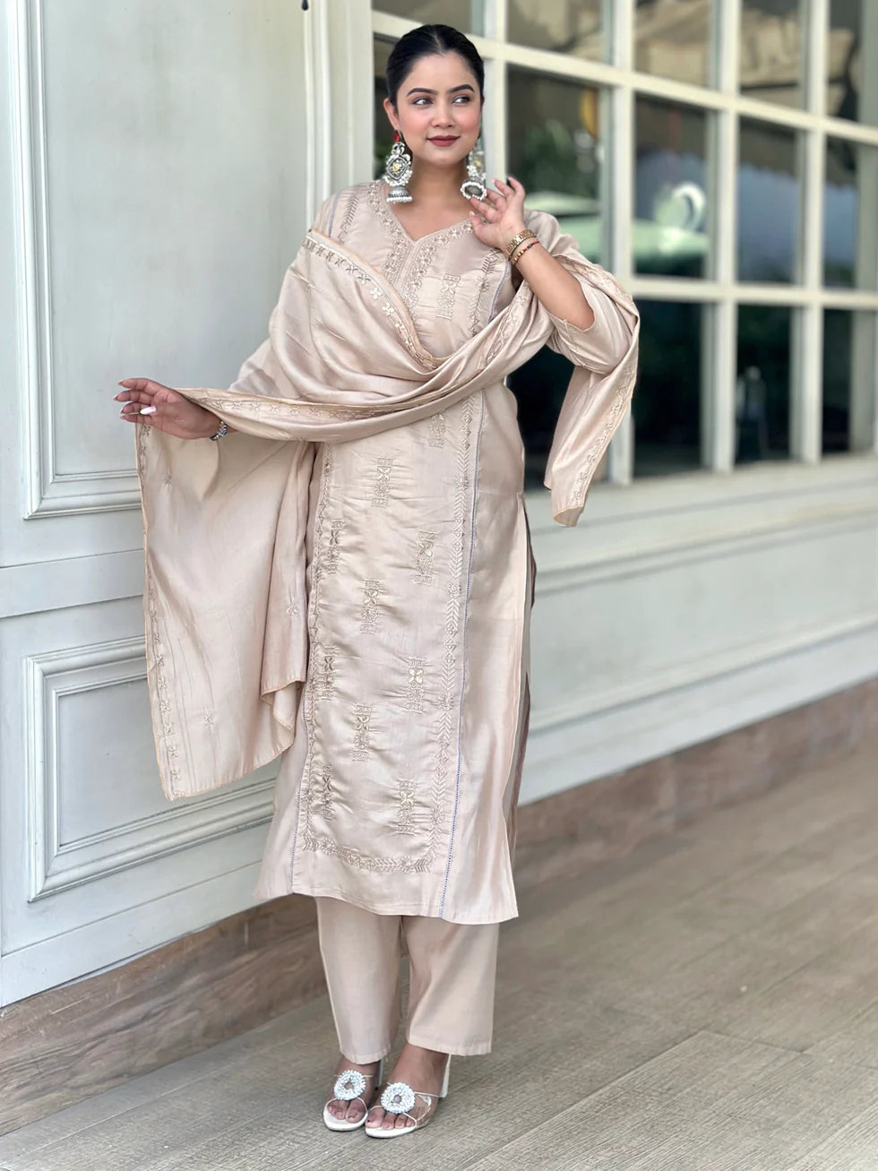 Champagne Zahra Embroidered Festive Set