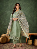 Floral Embroidered Silk_Blend Round_Neck Kurta Trouser & Dupatta Set