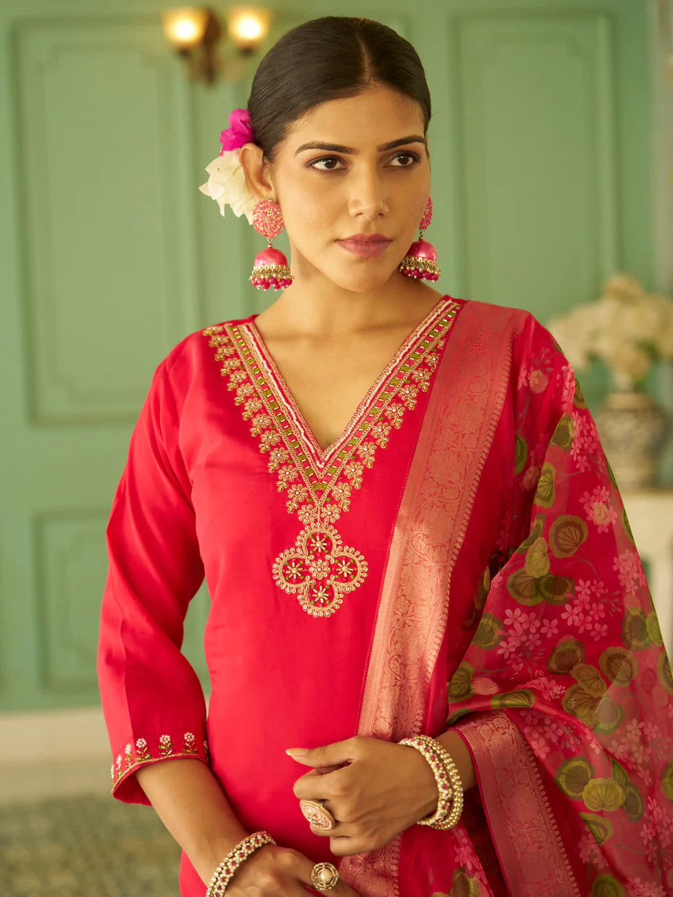 Floral Embroidered Silk Blend V Neck Kurta Trouser & Dupatta Set