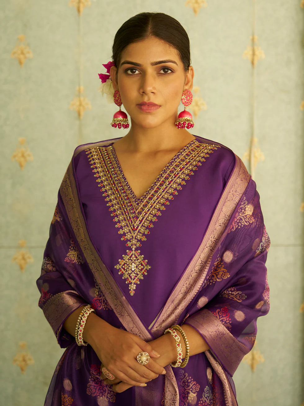 Floral Embroidered Silk Blend V Neck Kurta Trouser & Dupatta Set