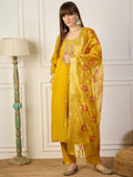 Floral Embroidered Silk_Blend V_Neck Kurta Trouser & Dupatta Set