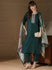 Meher Emerald Green Embroidered Kurta Set with Floral Organza Dupatta