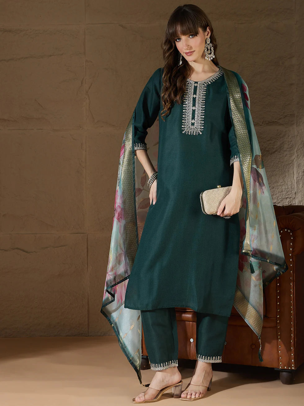 Meher Emerald Green Embroidered Kurta Set with Floral Organza Dupatta