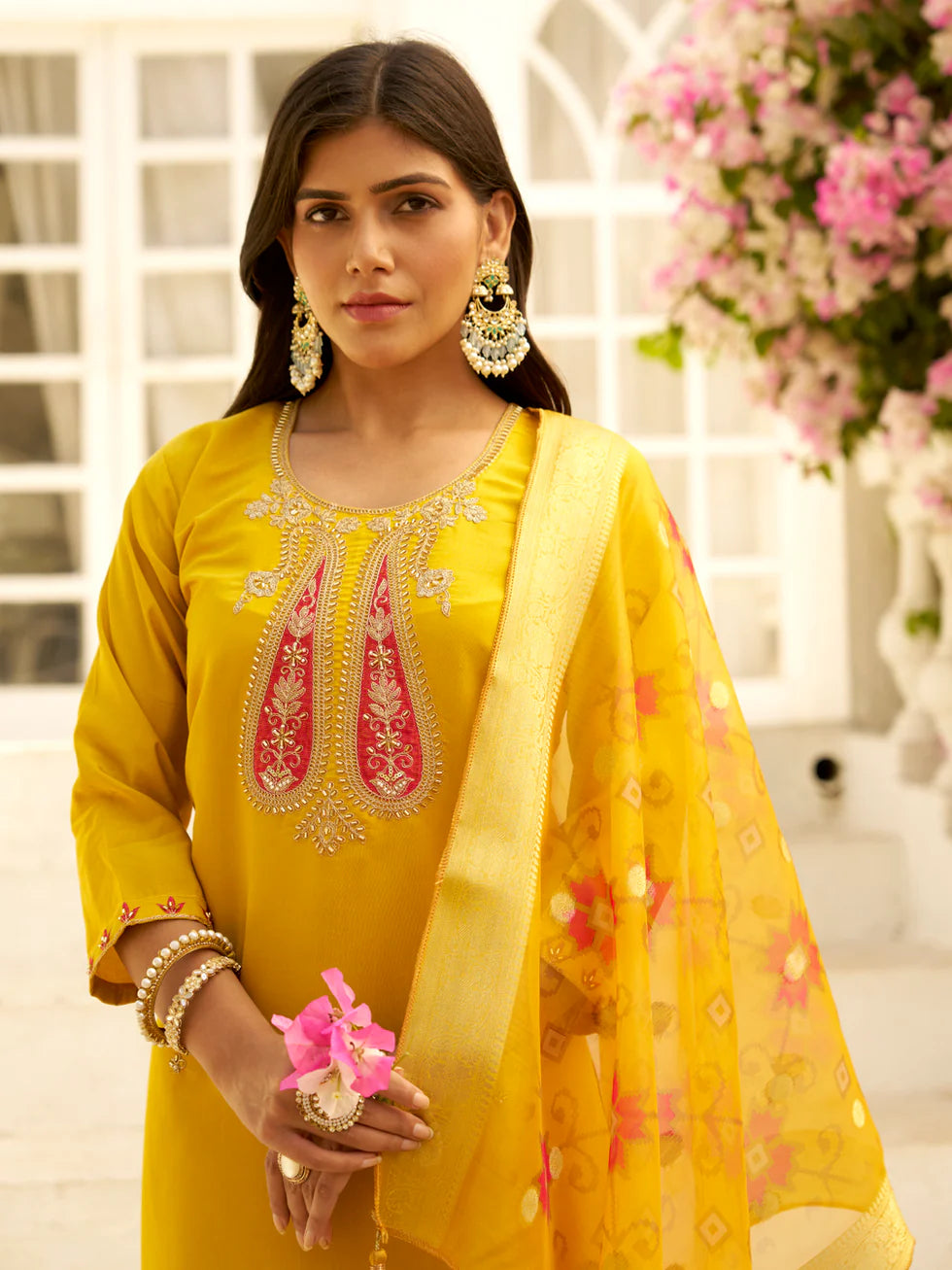 Floral Embroidered Silk Blend Round Neck Kurta Trouser & Dupatta Set