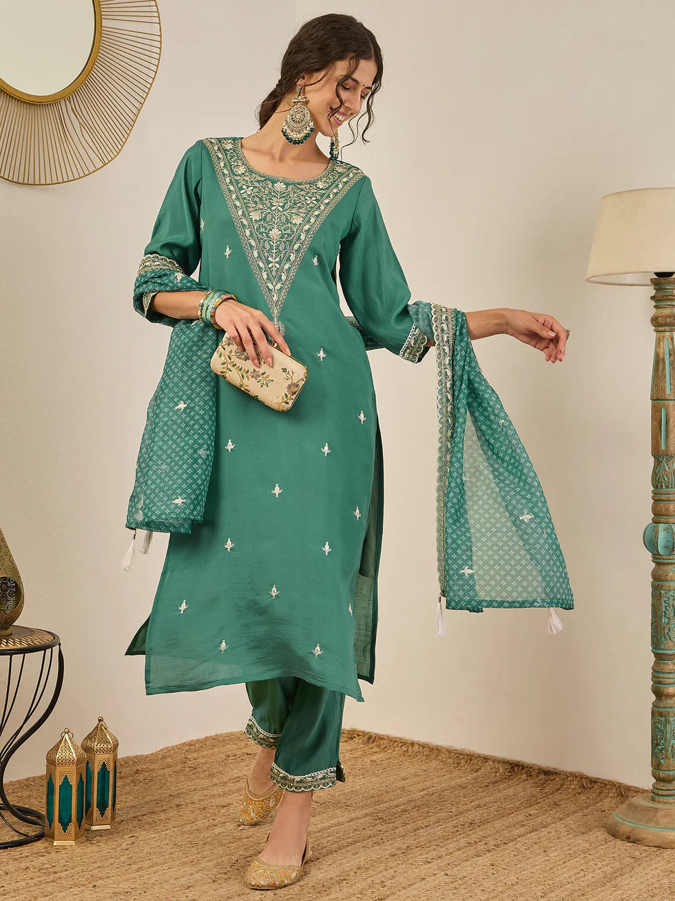 Sea Green Embroidered Suit Set