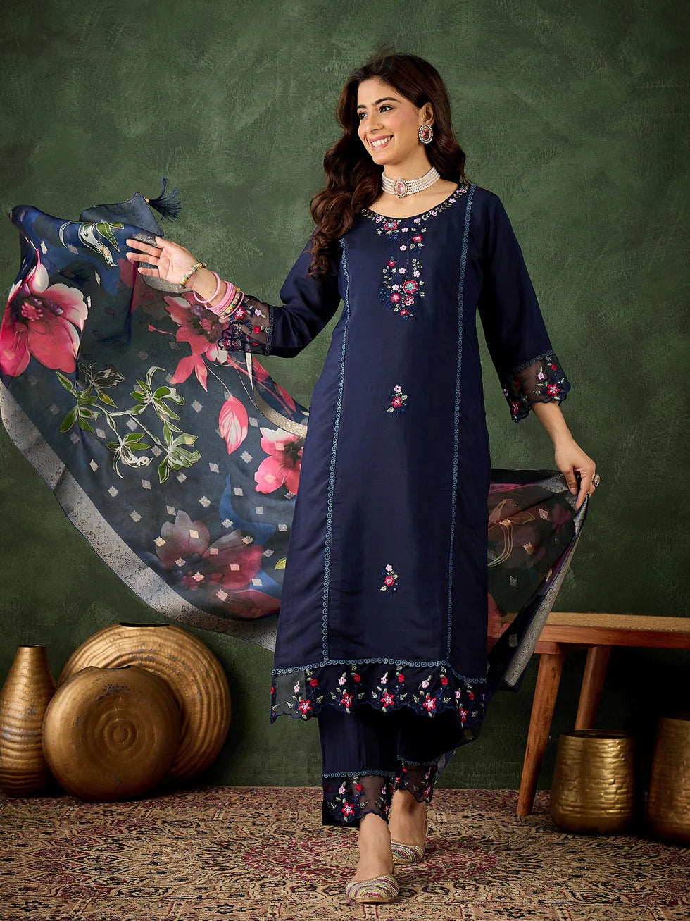 Floral Embroidered Silk Round_Neck Kurta Trouser & Dupatta Set