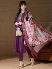 Meher Plum Embroidered Kurta Set with Floral Organza Dupatta