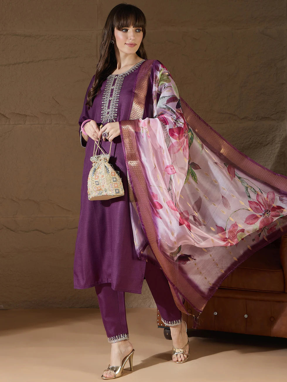 Floral Embroidered Pure Cotton Round Neck Kurta Trouser And Dupatta Set