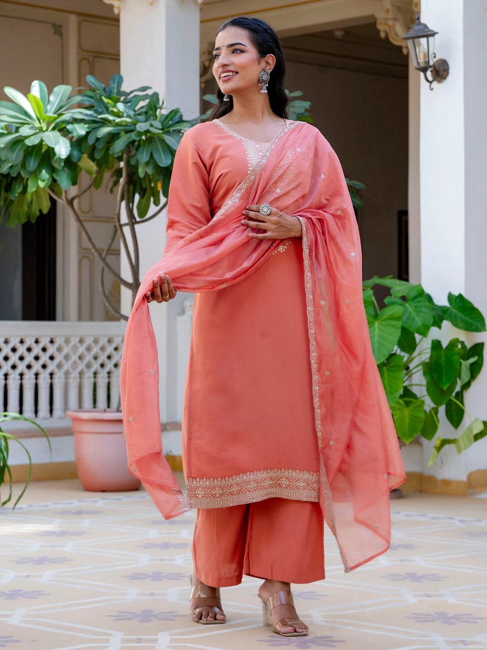 Floral Embroidered Silk Round Neck Kurta Trouser & Dupatta Set