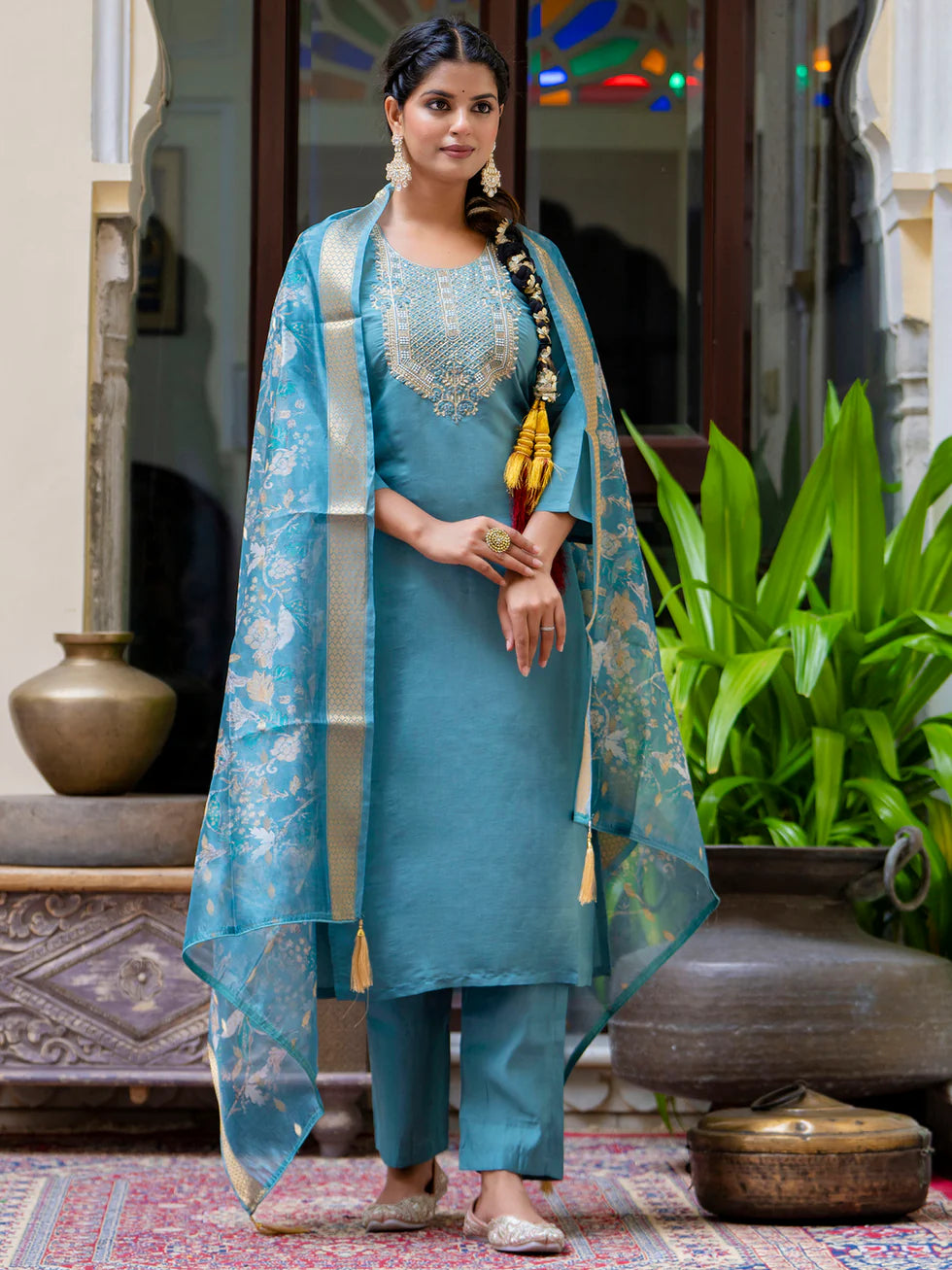 Floral Embroidered Silk Round Neck Kurta Trouser & Dupatta Set
