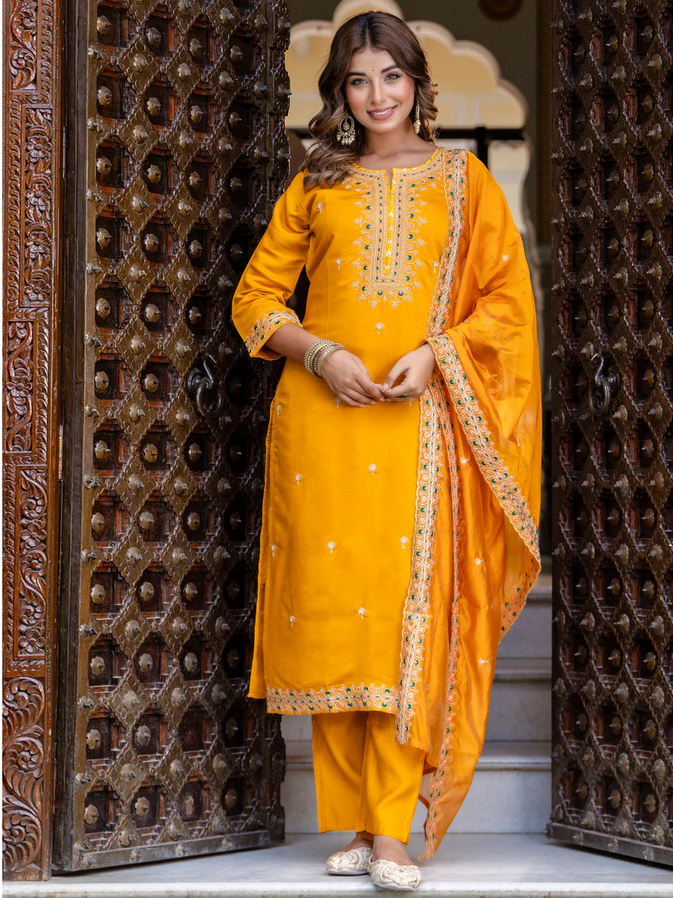 Floral Embroidered Silk Round Neck Kurta Trouser & Dupatta Set