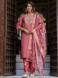 Floral Embroidered Silk Round Neck Kurta Trouser & Dupatta Set