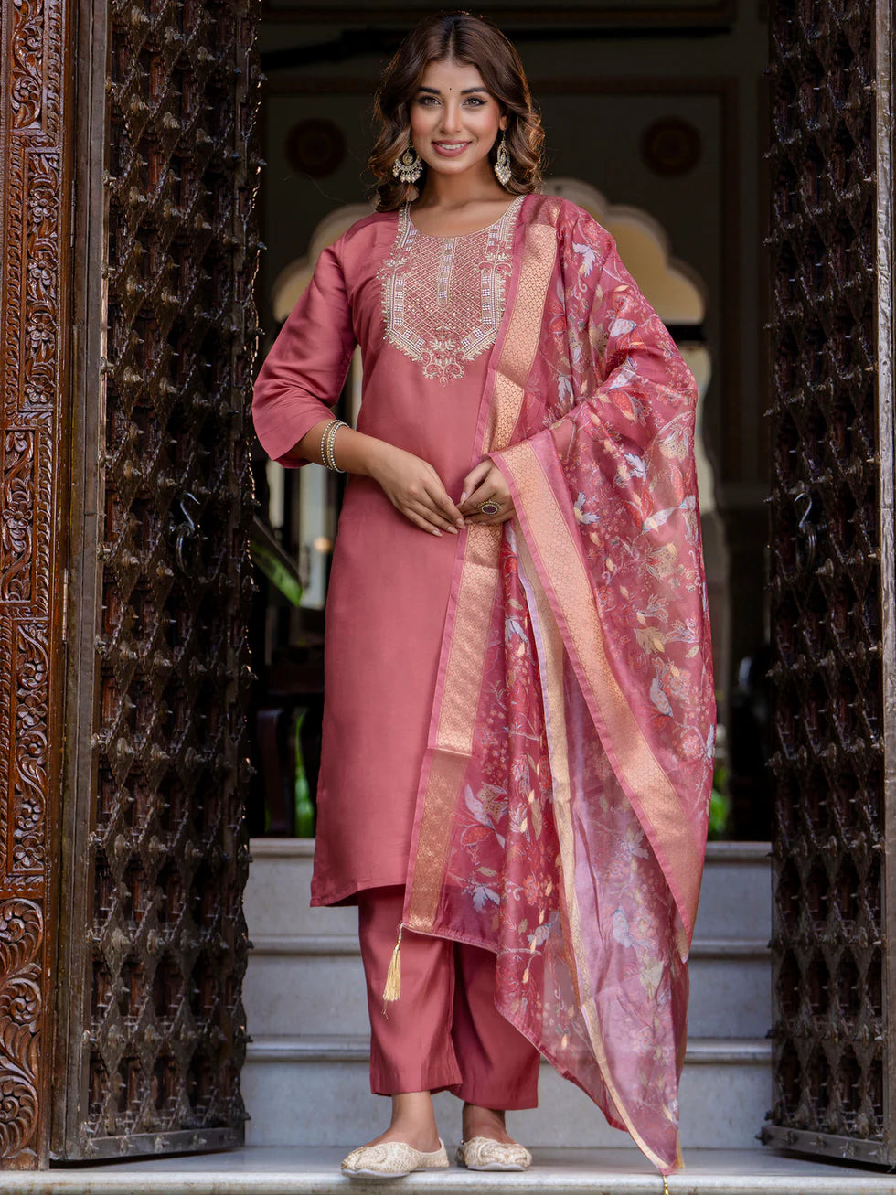 Floral Embroidered Silk Round Neck Kurta Trouser & Dupatta Set