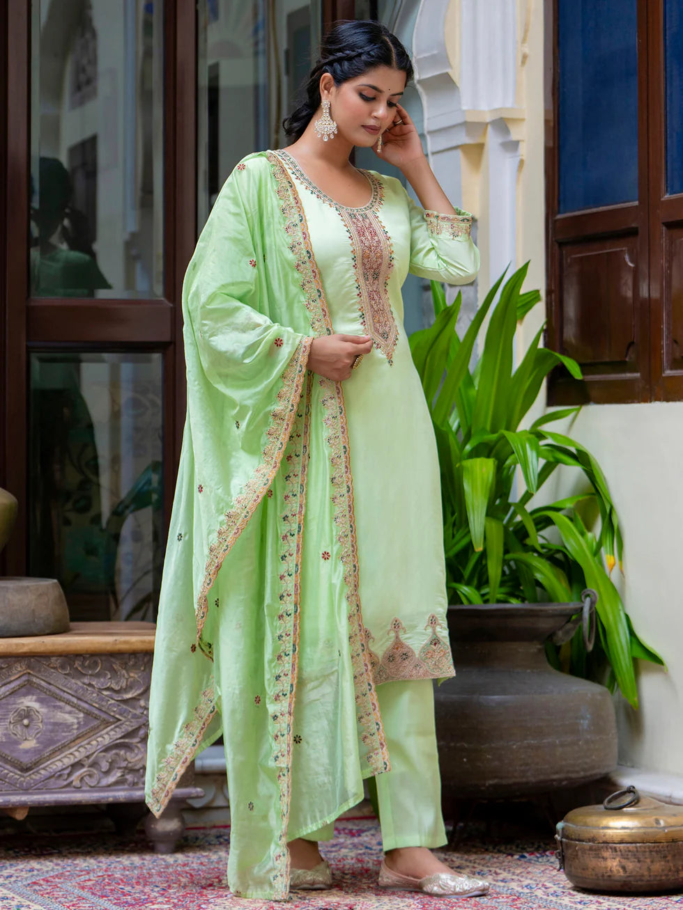 Floral Embroidered Silk Round Neck Kurta Trouser & Dupatta Set