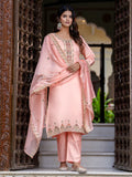 Floral Embroidered Silk Round Neck Kurta Trouser & Dupatta Set