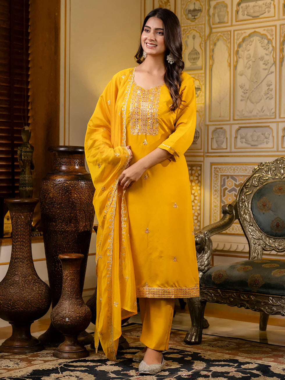 Floral Embroidered Silk Round Neck Kurta Trouser & Dupatta Set