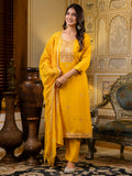 Floral Embroidered Silk Round Neck Kurta Trouser & Dupatta Set