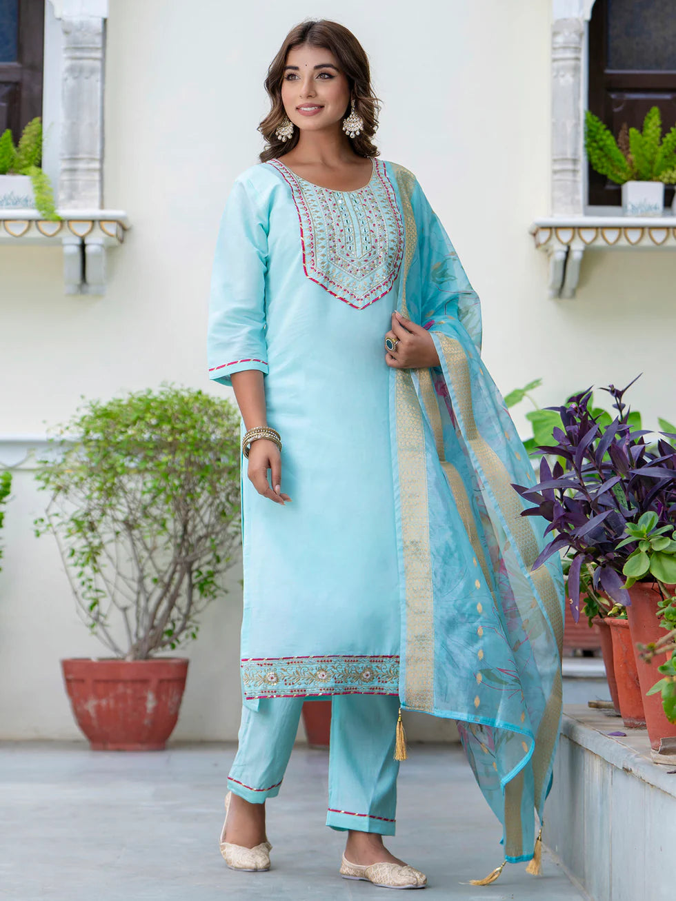 Floral Embroidered Silk Round Neck Kurta Trouser & Dupatta Set
