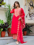 Floral Embroidered Silk Round Neck Kurta Trouser & Dupatta Set
