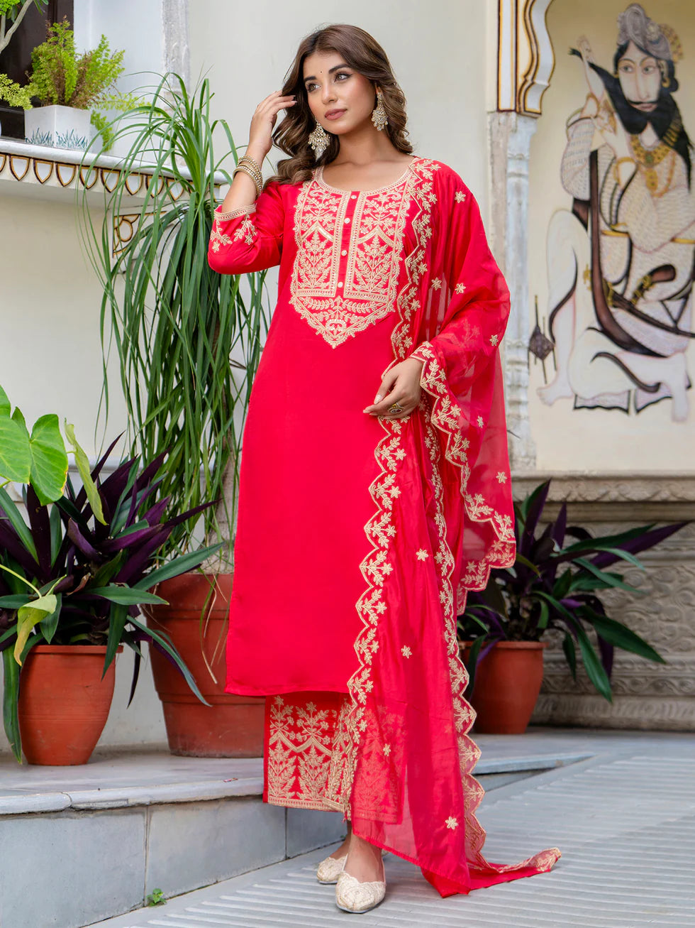 Floral Embroidered Silk Round Neck Kurta Trouser & Dupatta Set