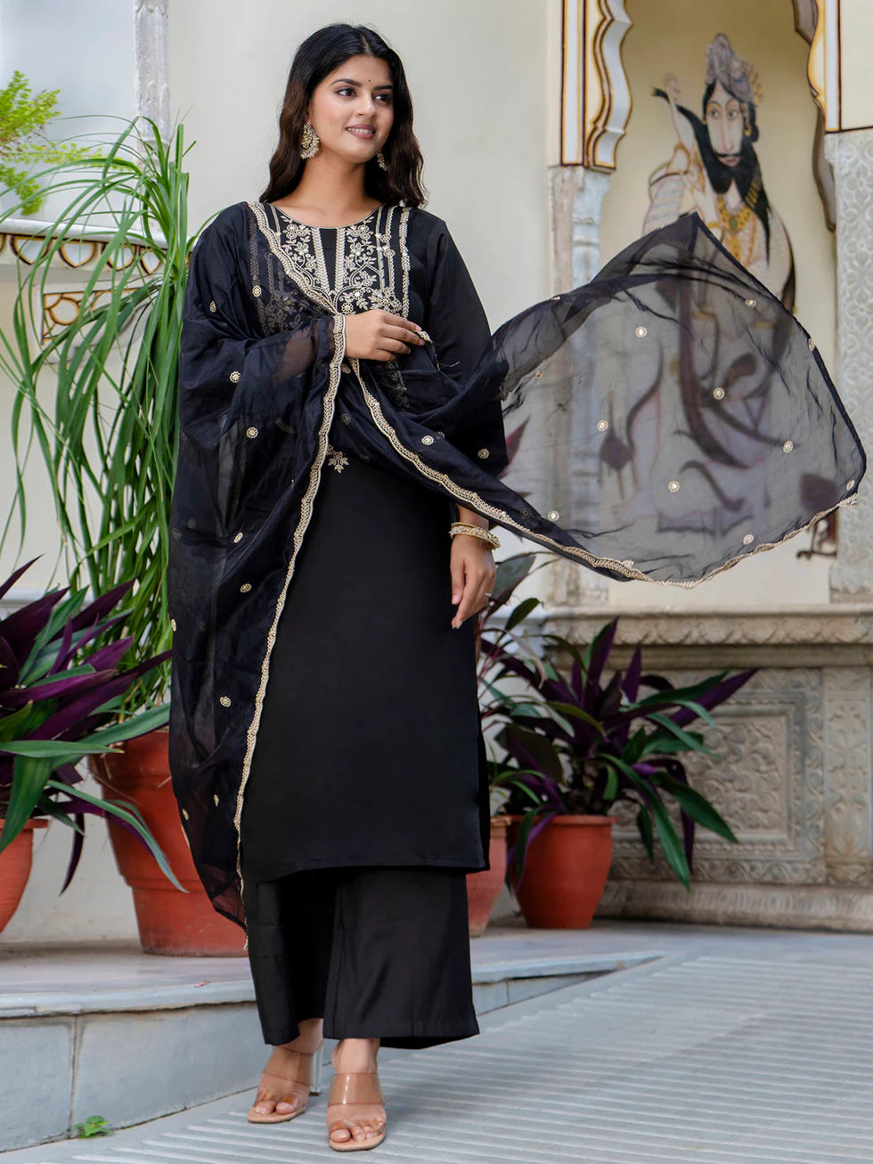 Floral Embroidered Silk Round Neck Kurta Trouser & Dupatta Set