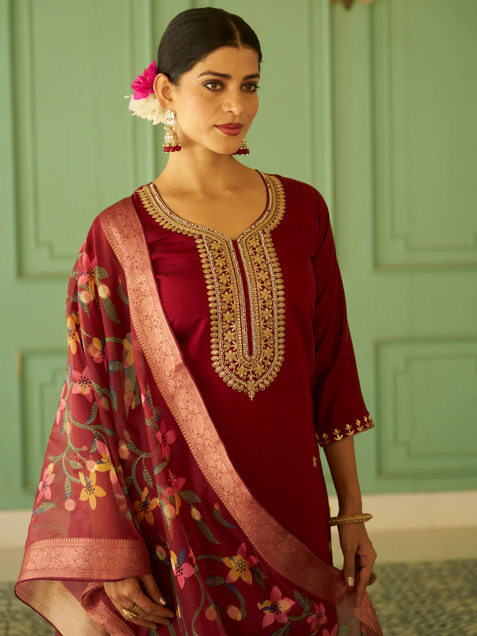 Floral Embroidered Silk Blend Round Neck Kurta Trouser & Dupatta Set